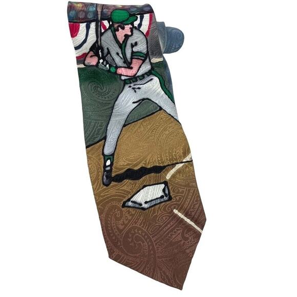 Robert Daskal Hand Painted Baseball Player 100% Silk Mens Necktie Tie Paisley - Picture 1 of 16